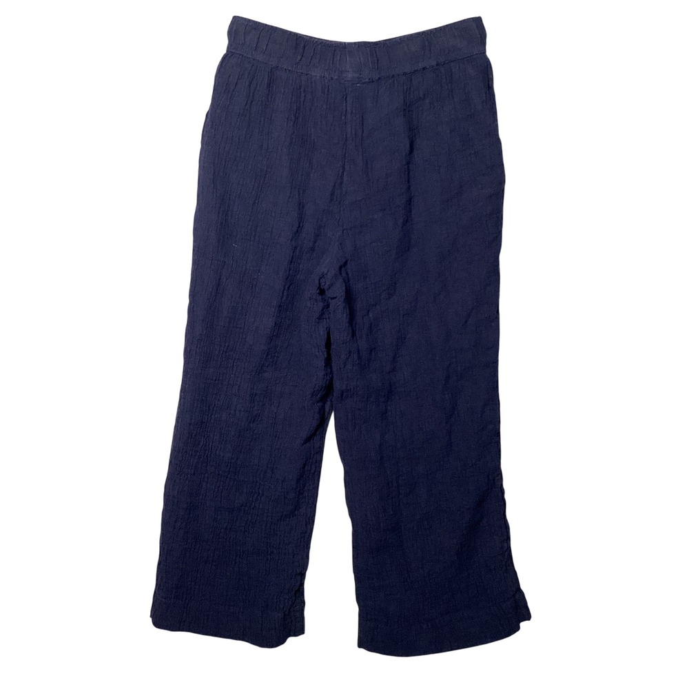 Tahari Linen Wide Leg Cropped Pants Womens Size Medium Navy Blue Crinkle Boho - Picture 2 of 8